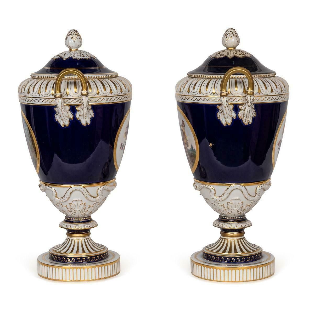 Antique 19th Century German Kpm Porcelain Two Handled Vases And Covers C.1890 photo for sale