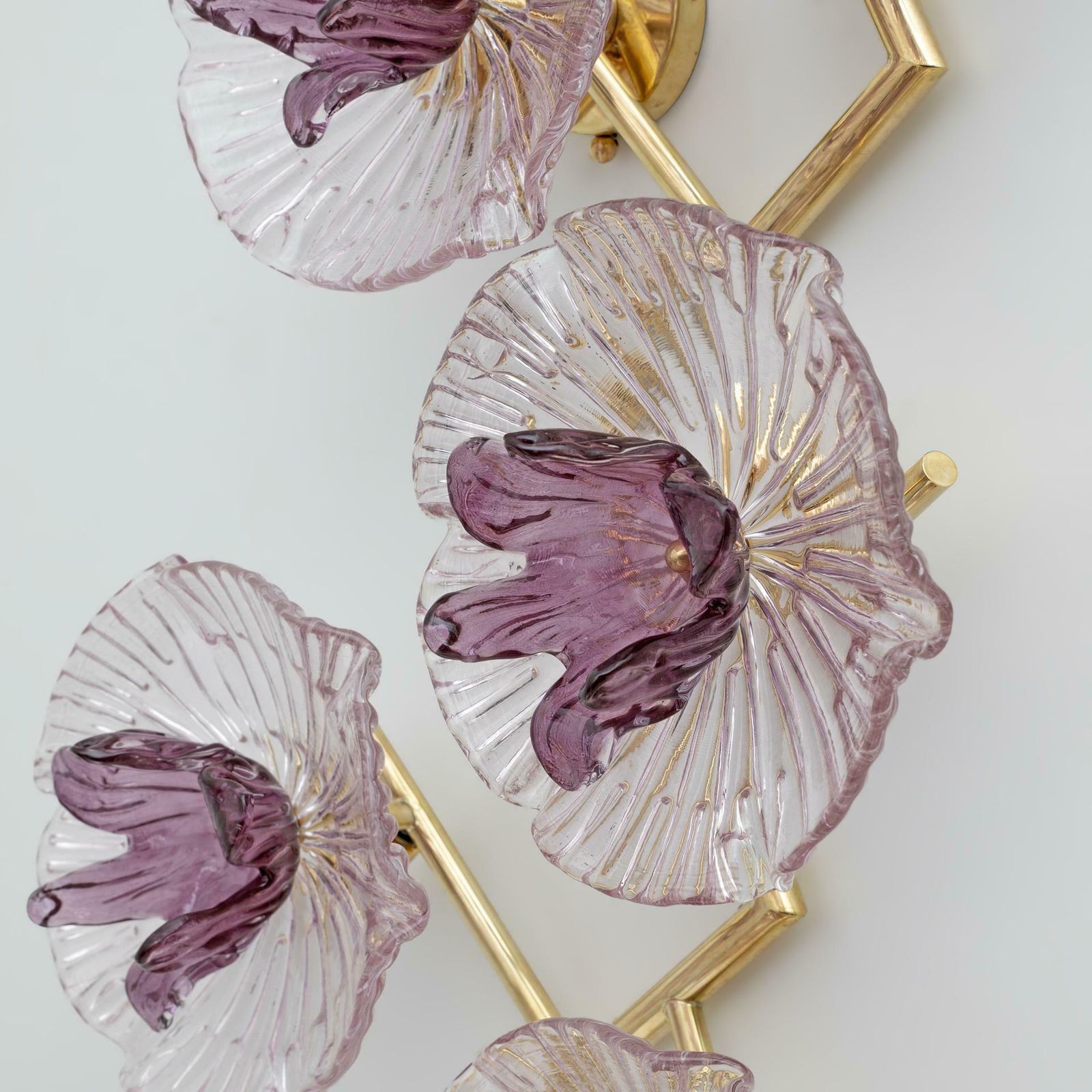 Pair Of Modern Italian Murano Glass And Brass Flowers Wall Lamps photo Lighting