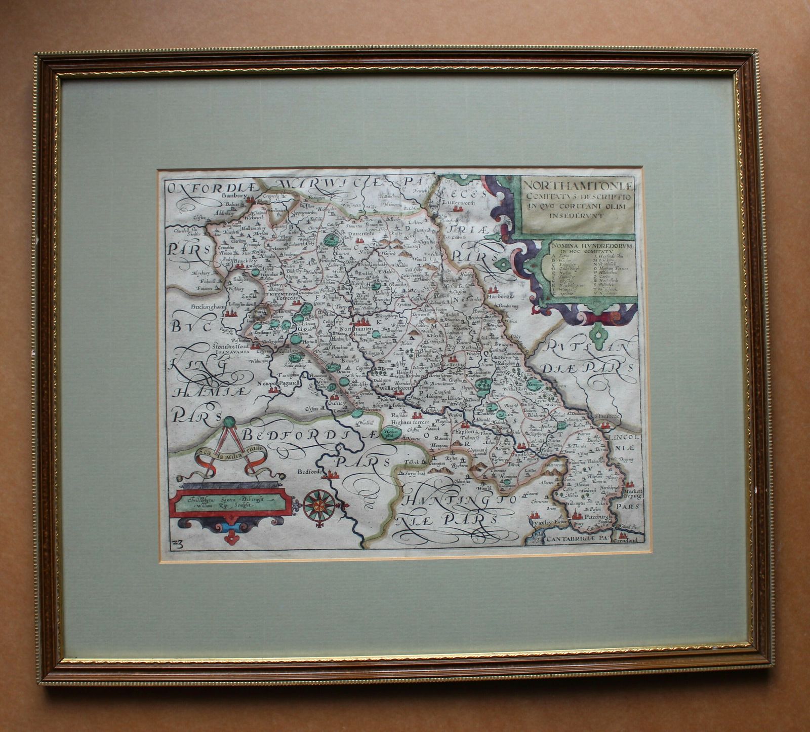 Antique 17th Century Map ‘Northamptoniae (Northamptonshire) Comitatus Descriptio In Quo Coritani Olim Insederunt’  By William Kip  Christopher Saxton photo vinterior