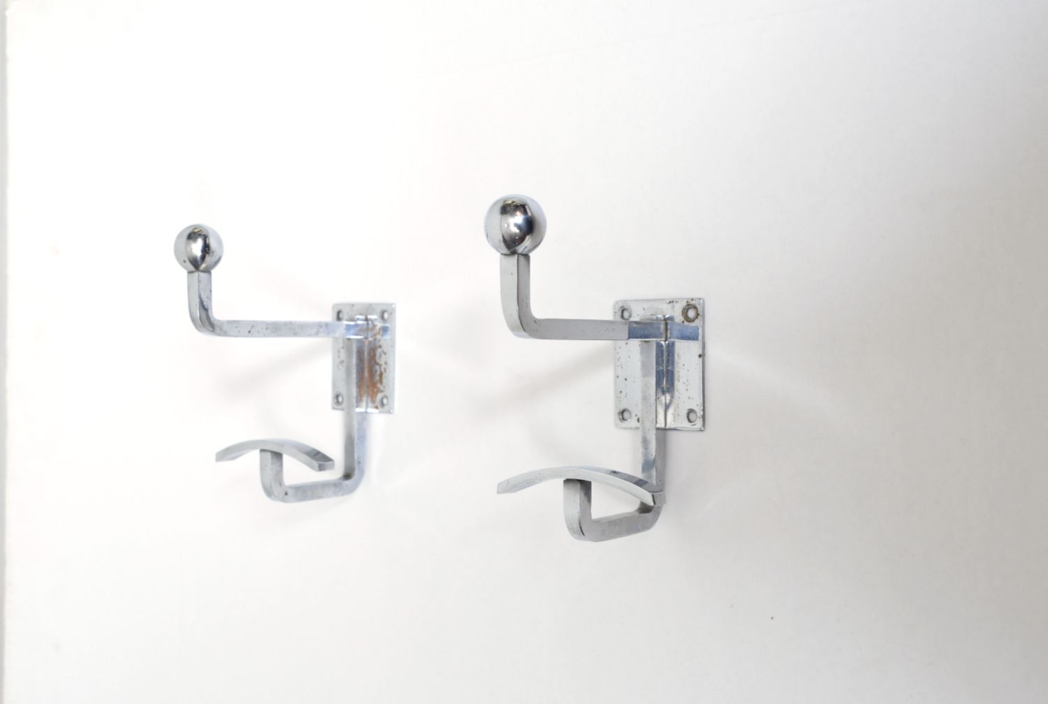 Rare Pair Chrome Steel Jean Royere Coat Hooks Racks Hangers Mid Century French 1950s Modernist photo for sale