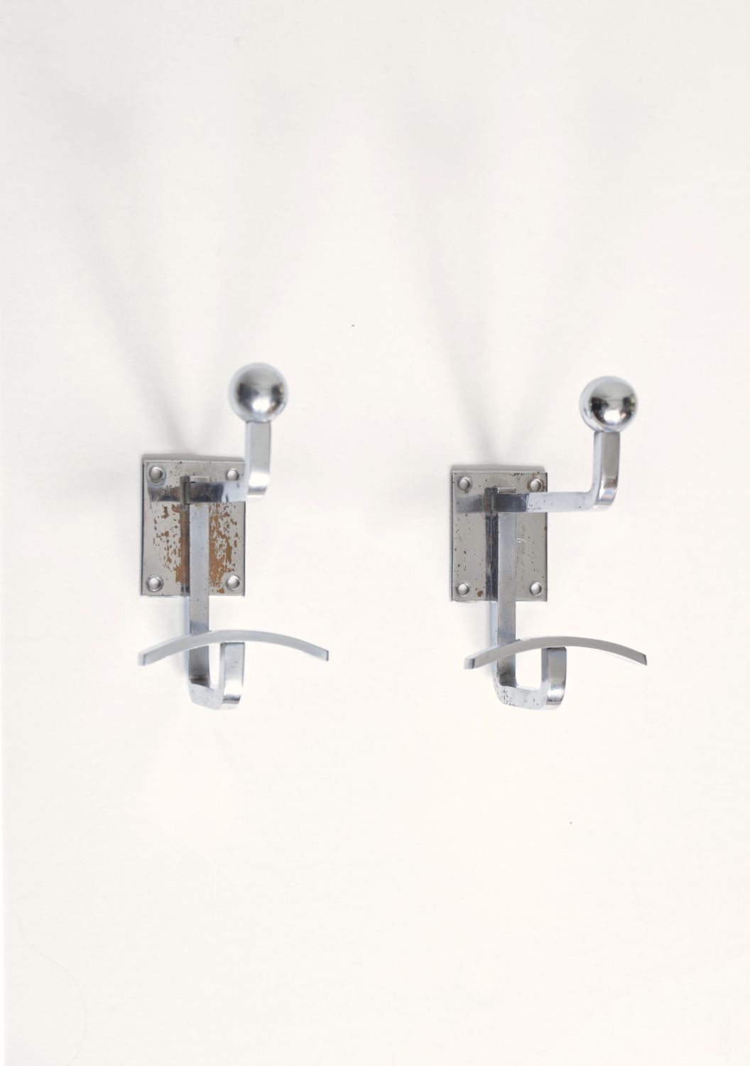 Rare Pair Chrome Steel Jean Royere Coat Hooks Racks Hangers Mid Century French 1950s Modernist photo furniture