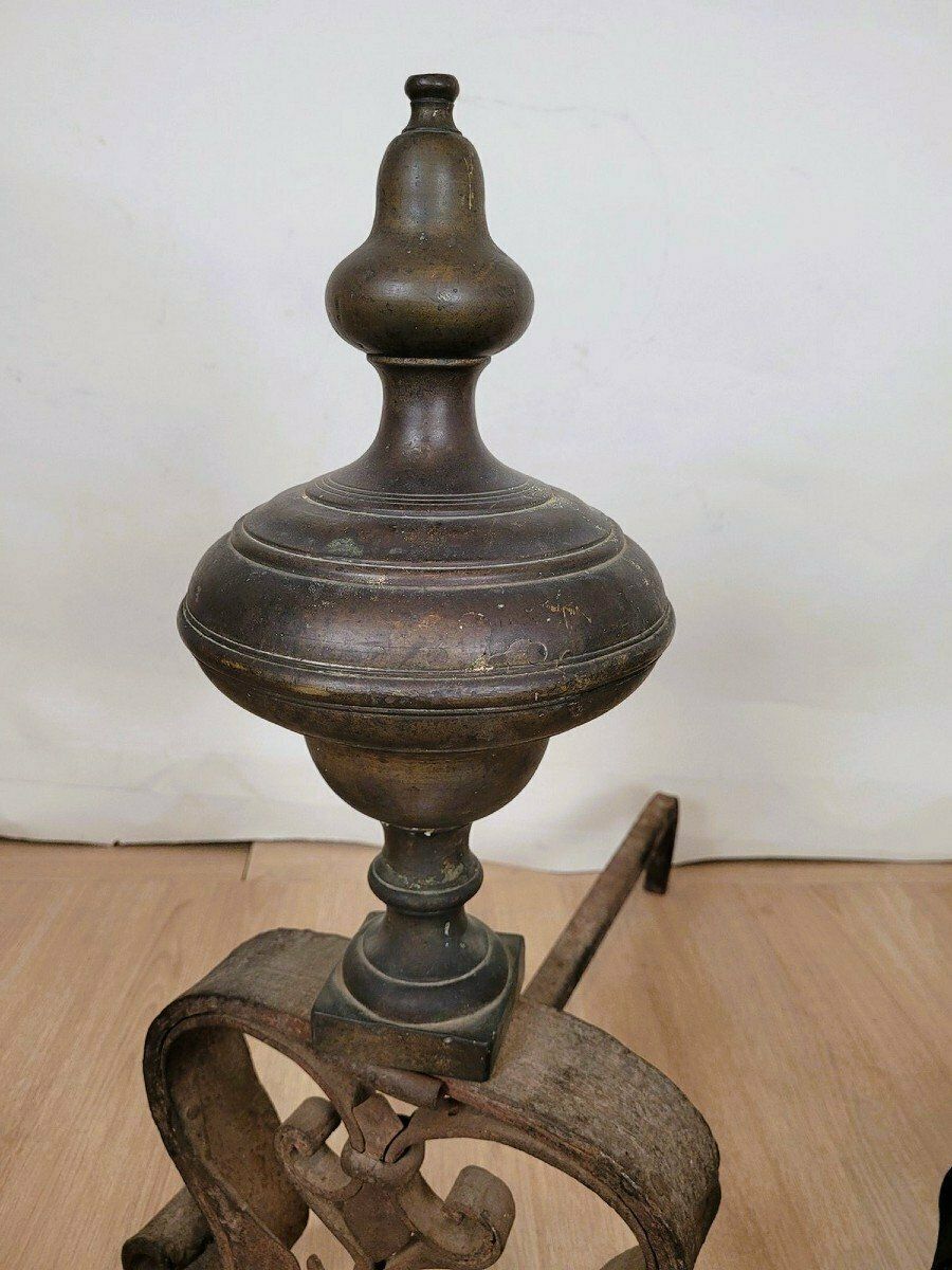 Pair Of Andirons In Bronze And Wrought Iron, 19th Century photo for sale