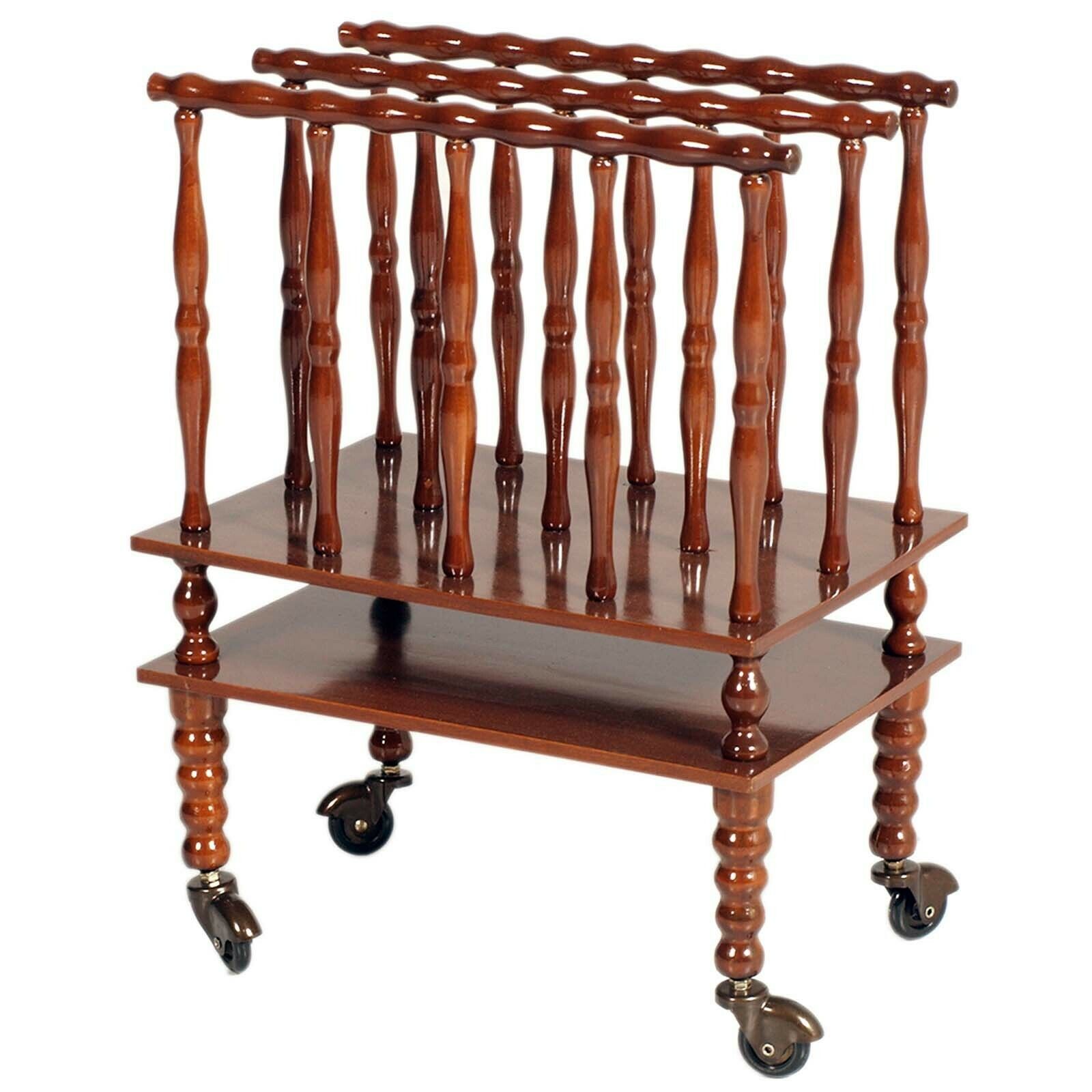 Early 1900s Walnut Magazine Rack With Spool Legs On Swivel Wheels, Wax Polished photo furniture