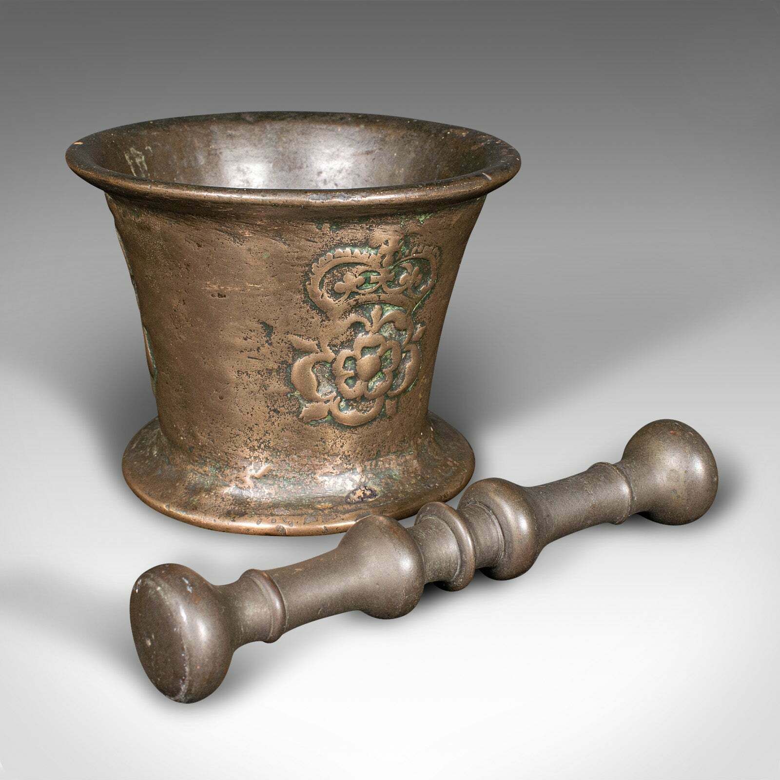 Antique Tudor Rose Mortar And Pestle, English, Bronze, Apothecary, 17th Century photo furniture