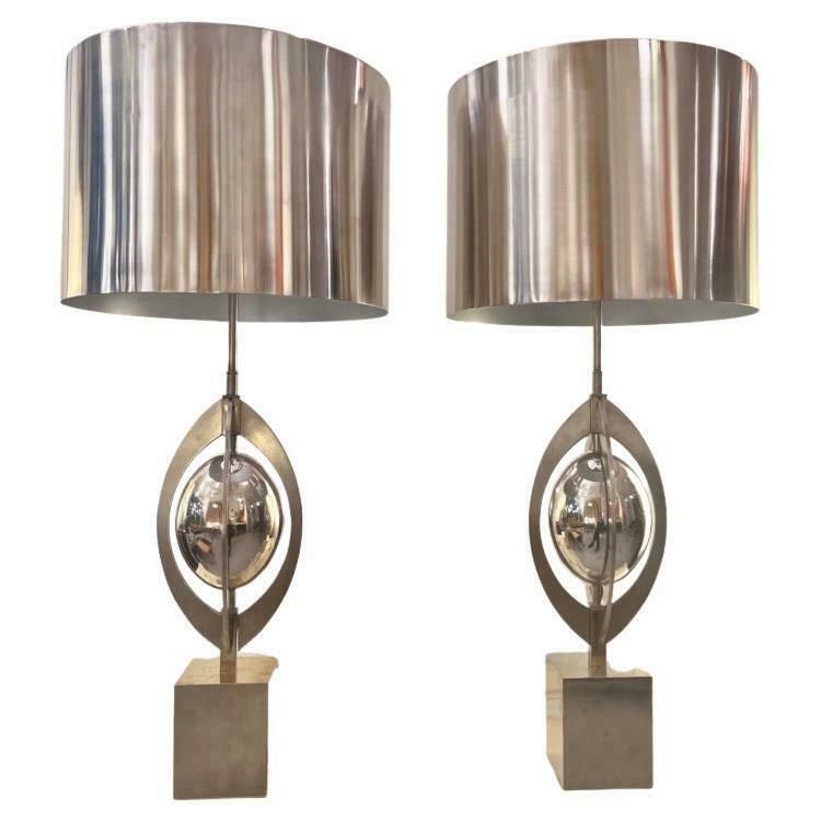 Pair Of Vintage "Ogive" Stainless Steel Table Lamps By Maison Charles Ca. 1970s