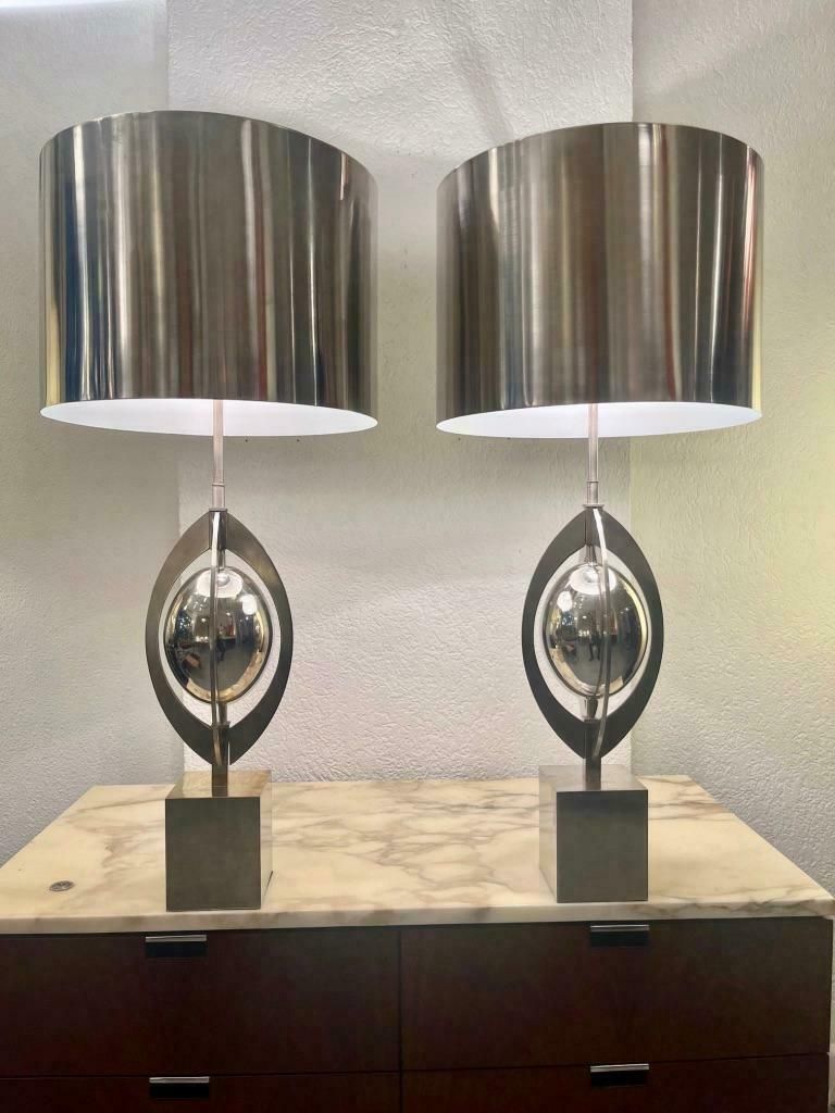 Pair Of Vintage "Ogive" Stainless Steel Table Lamps By Maison Charles Ca. 1970s photo for sale