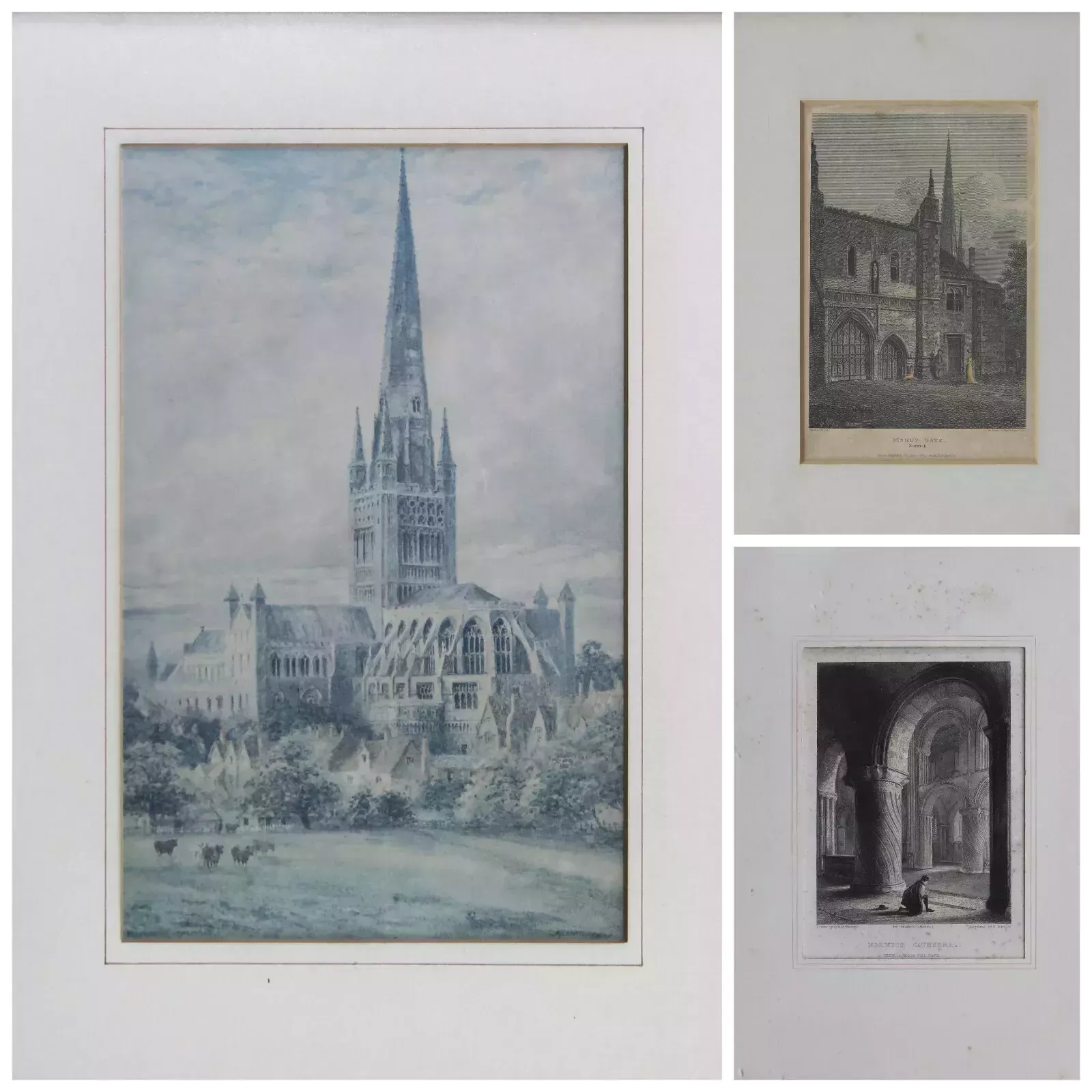 Set Of 3 Engravings/Print Of Norwich Cathedral
