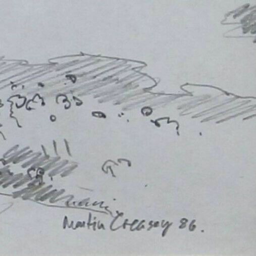 Pencil Sketch Of A House And Chruch By Martin Creasey Possibly St Mary's Aspall photo for sale