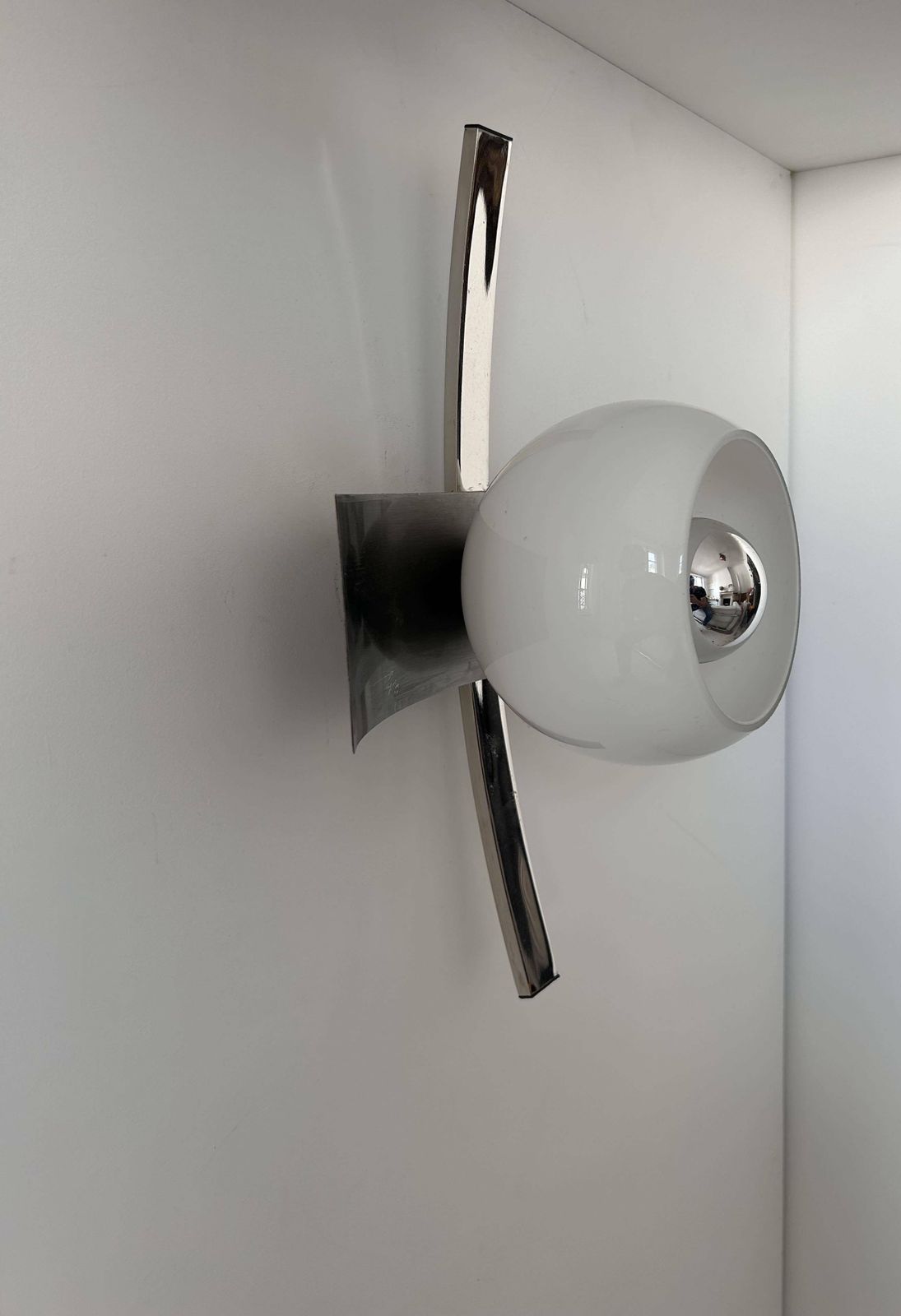Vintage Wall Lamp, Brushed Chrome And Opaline Metal, France 1960s photo furniture