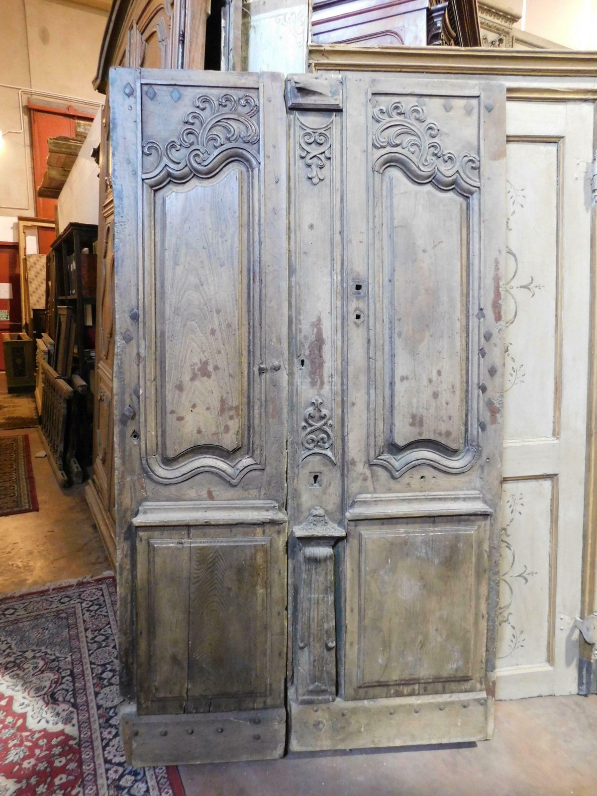 Entrance Door, Double Hinged Doorway With Wavy Carved Panels, Oak, France photo furniture