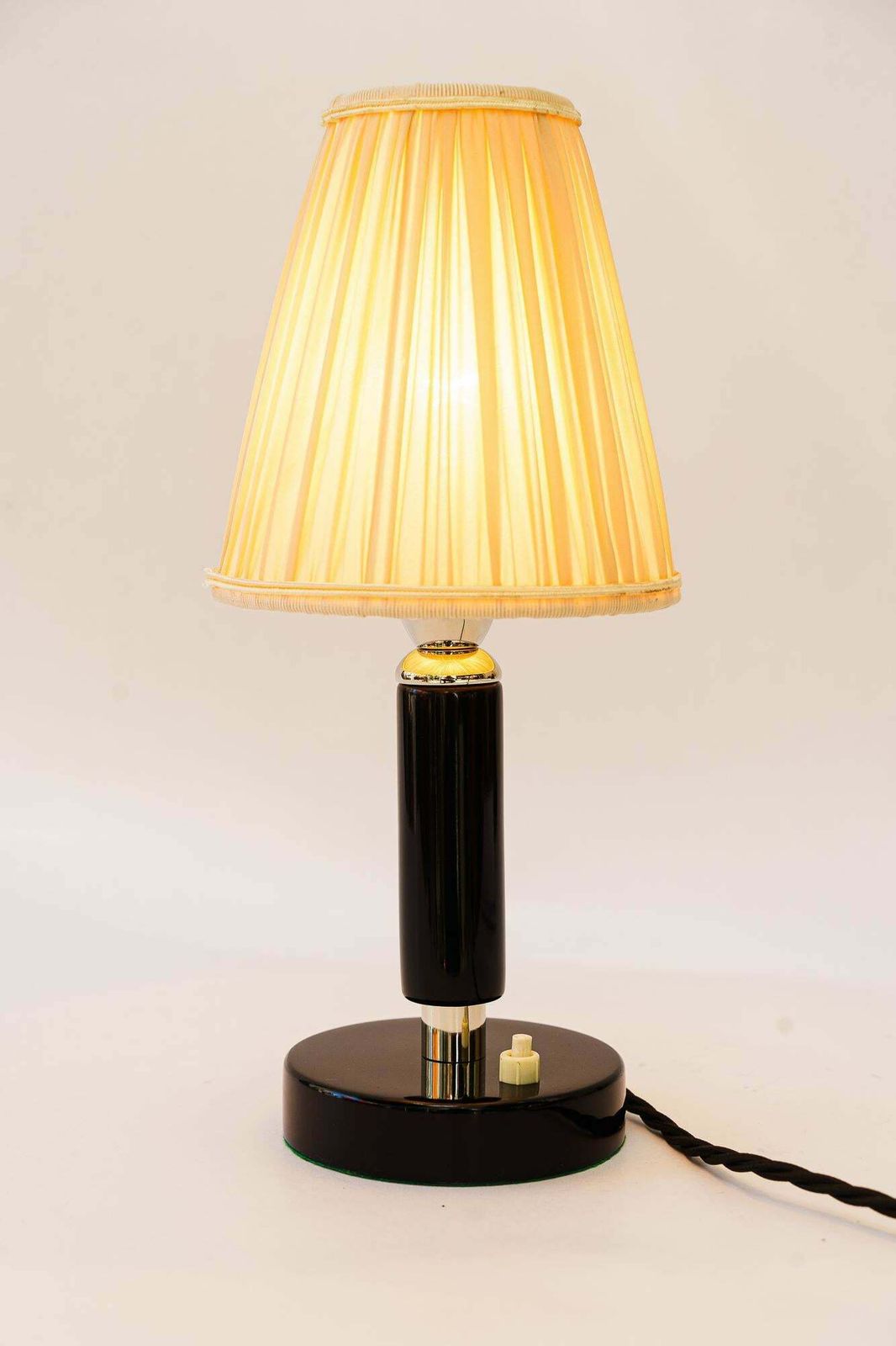Art Deco Nickel Plated Wooden Table Lamp With Fabric Shade Around 1920s photo 366.0