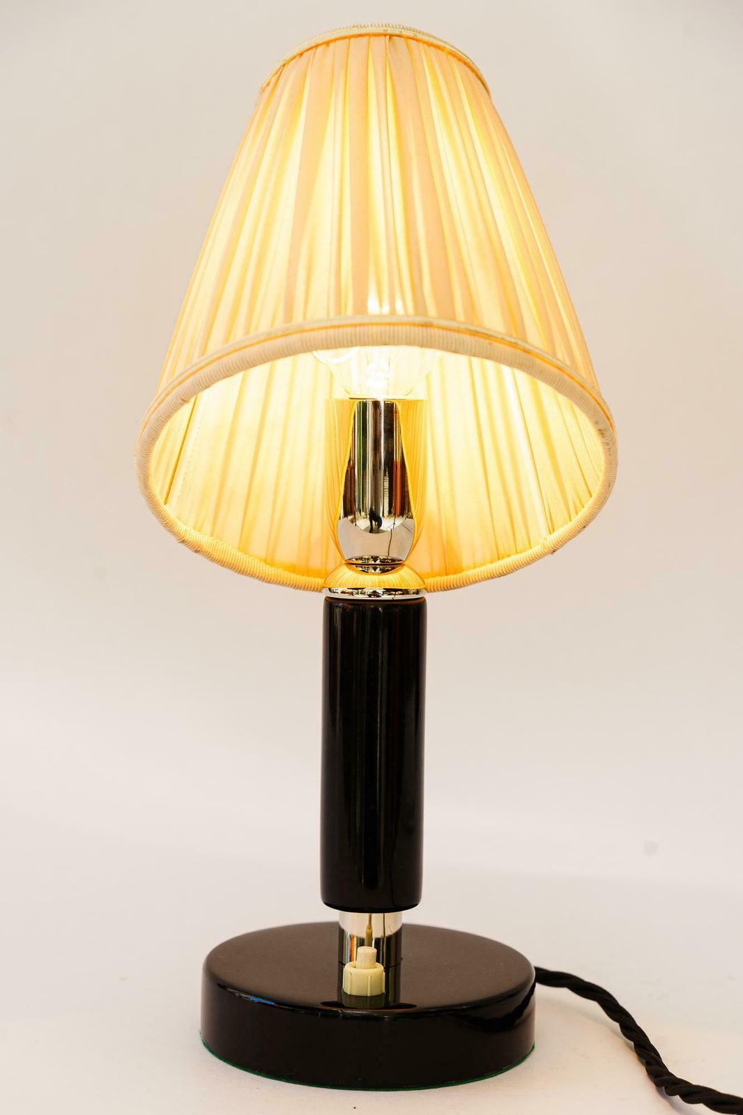 Art Deco Nickel Plated Wooden Table Lamp With Fabric Shade Around 1920s photo vinterior