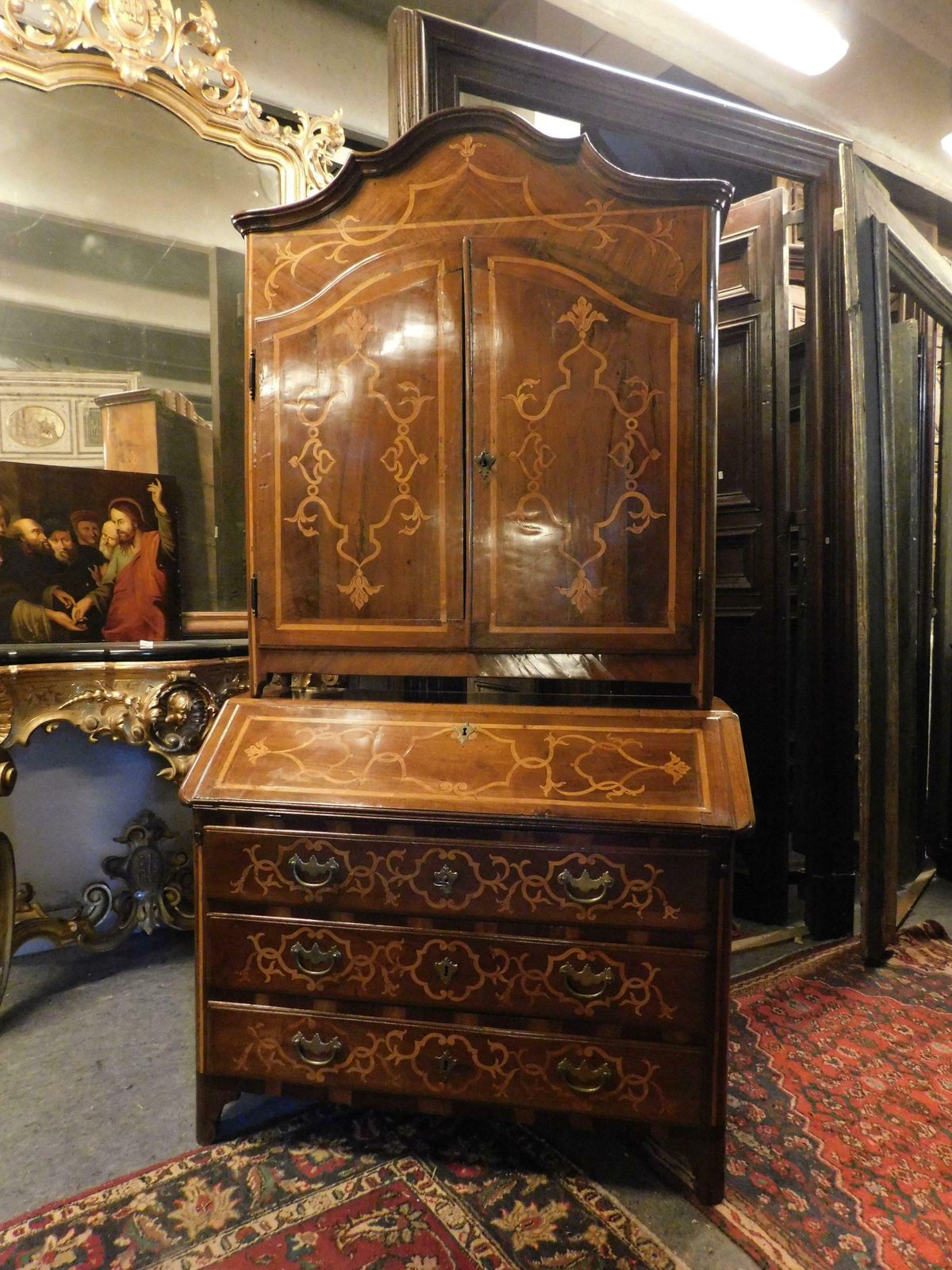 Trumeau Cabinet In Walnut Richly Inlaid, Italy photo Furniture