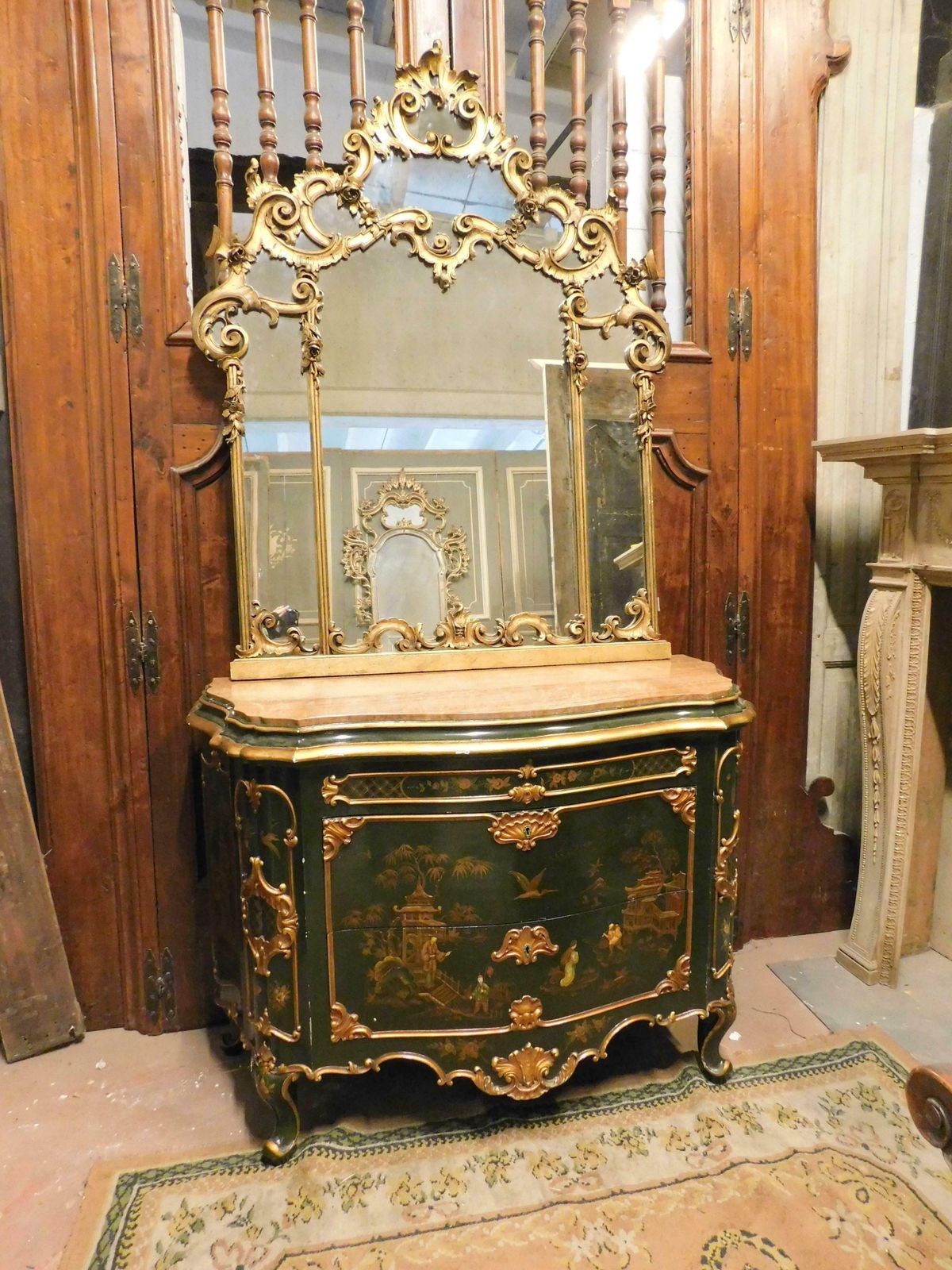 photo furniture Vintage Chest Of Drawers With Mirror, Gilded With Painted Chinoiserie, Italy