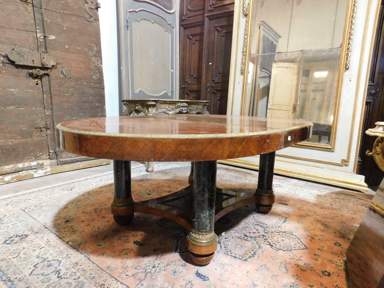 Oval Table In Inlaid Wood, Lacquered Legs In Imitation Verde Alpi Marble, Italy photo furniture