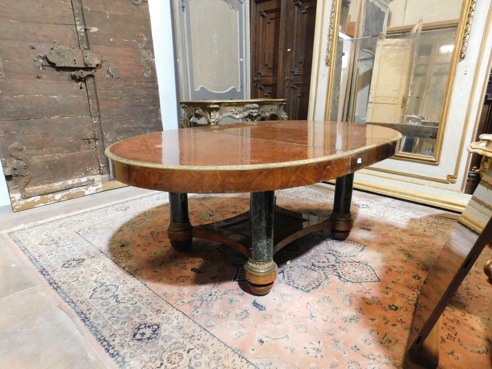Oval Table In Inlaid Wood, Lacquered Legs In Imitation Verde Alpi Marble, Italy photo vinterior