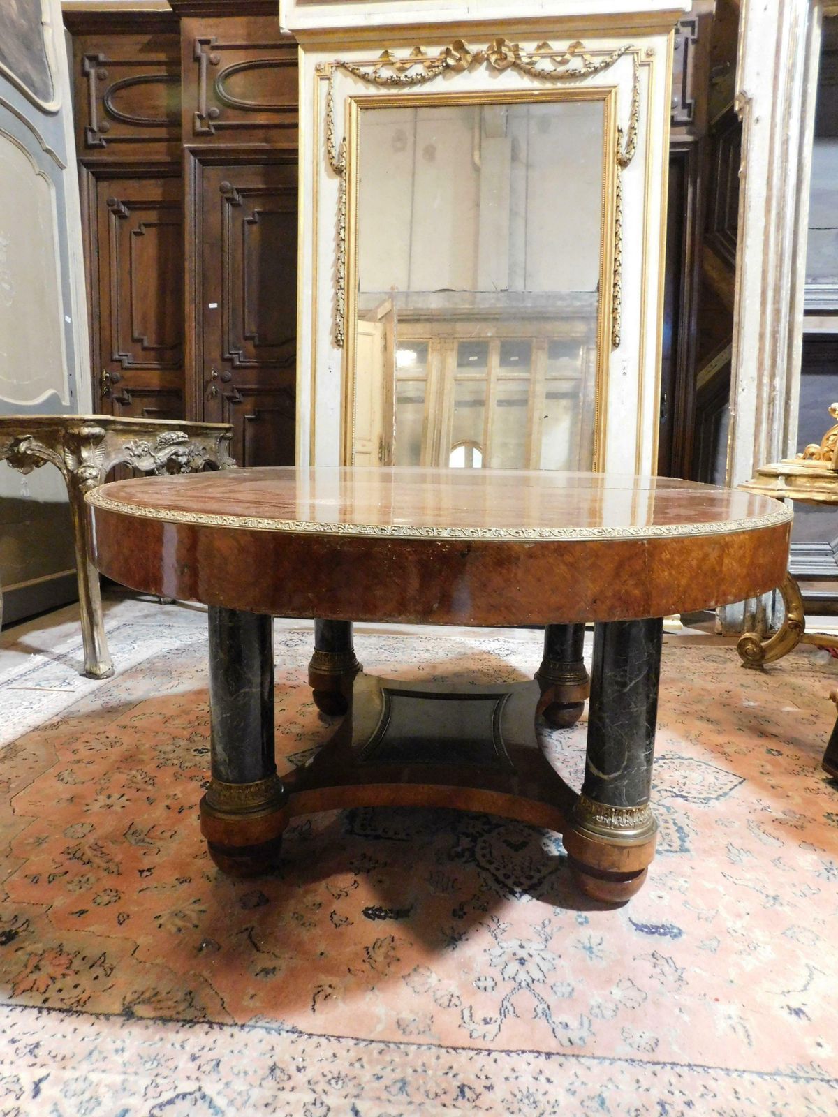 Oval Table In Inlaid Wood, Lacquered Legs In Imitation Verde Alpi Marble, Italy photo vintage