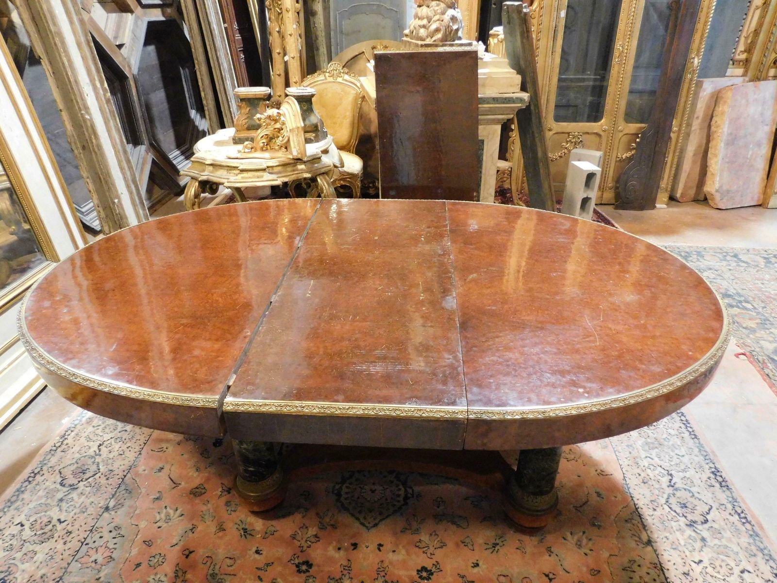 Furniture Oval Table In Inlaid Wood, Lacquered Legs In Imitation Verde Alpi Marble, Italy photo
