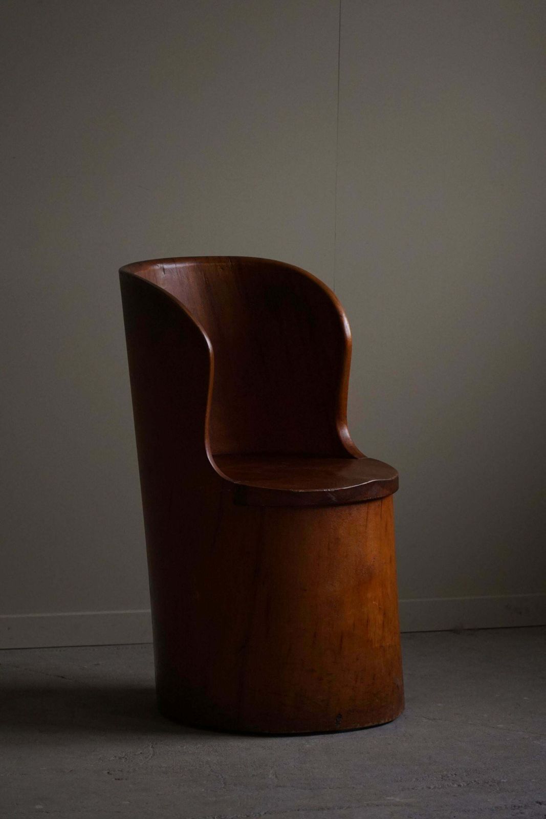 photo furniture Hand Carved Primitive Stump Chair In Pine Swedish Modern Wabi Sabi 1960s