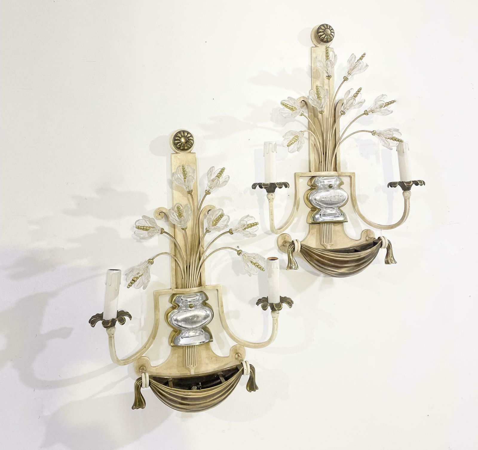 Pair Of Silver Wrought Iron And Glass Wall Lights By Banci , Italy, 1940s photo furniture