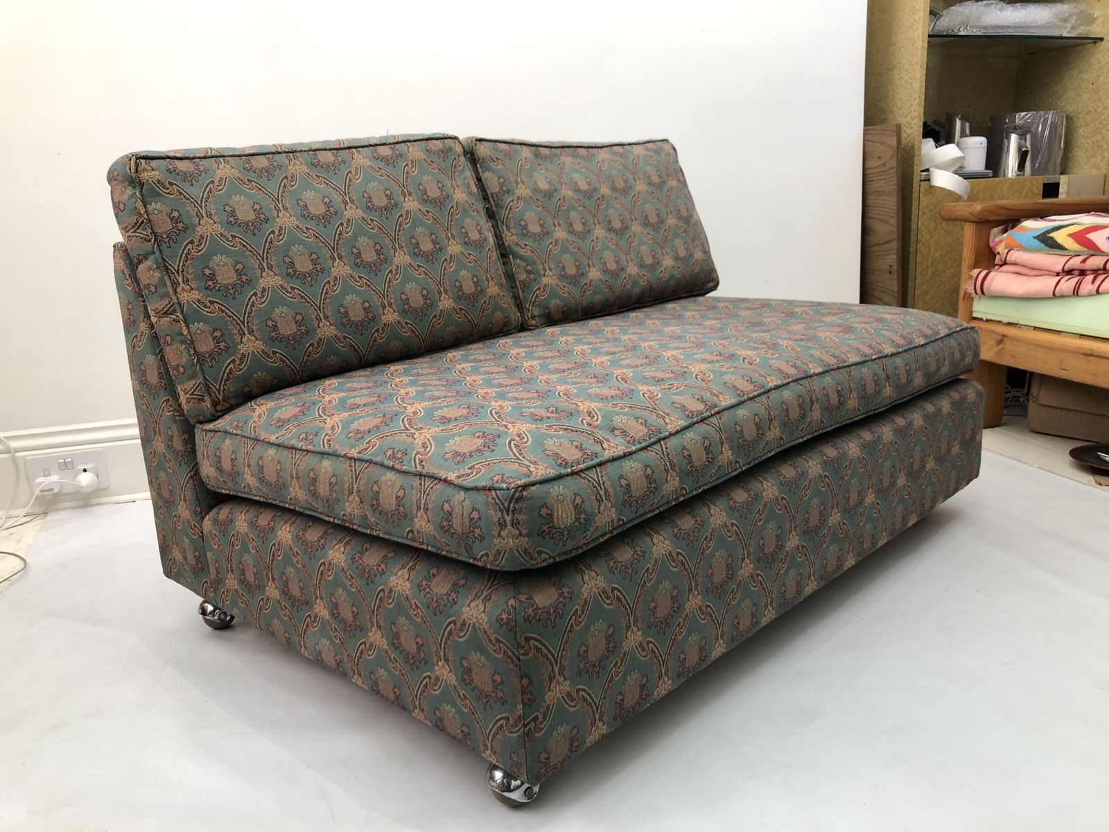photo for sale Low Tuxedo Two Seater Sofa On Wheels Mid Century Modern Settee 1960s Multicolour