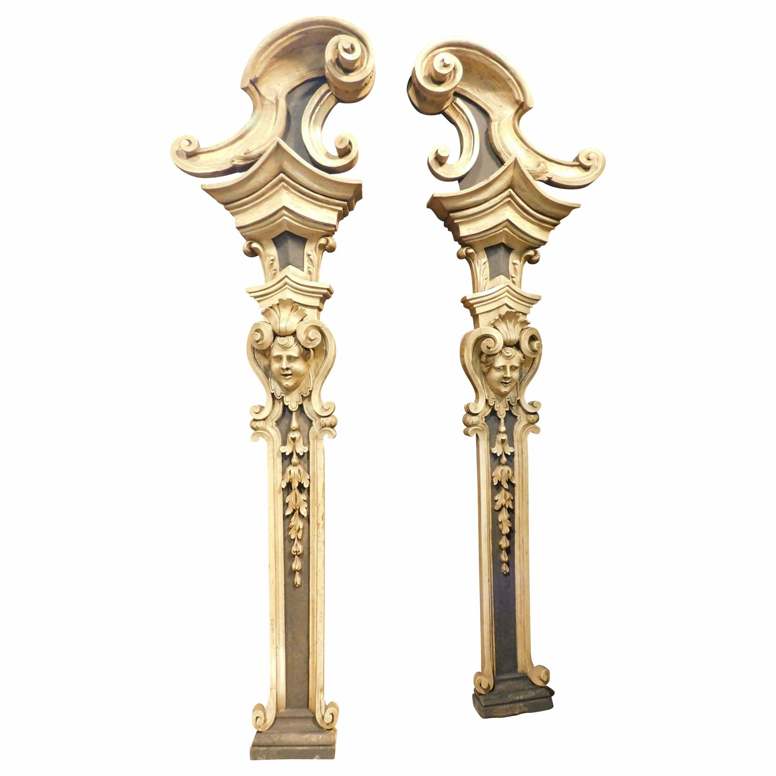 Pair Of Carved Column Pilasters, Richly Carved And Lacquered, Italy