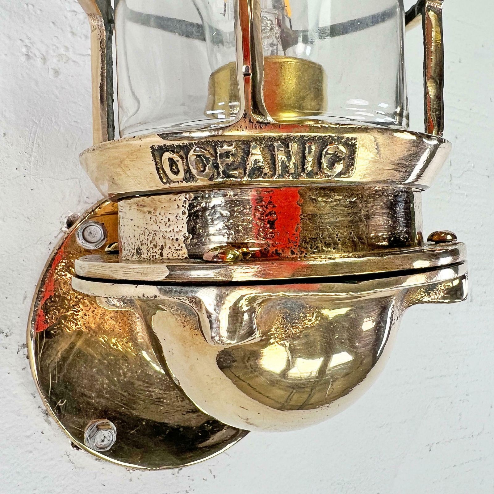 1960's American Cast Bronze & Glass Wall Sconce With Cage By Oceanic Ul photo for sale