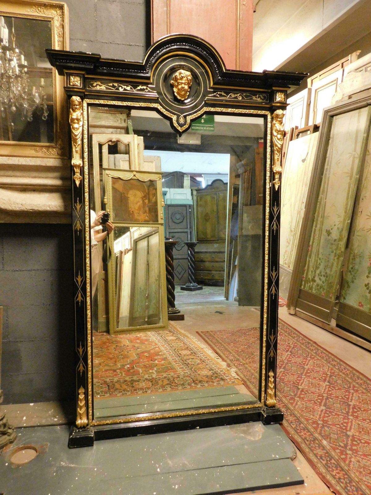 Mirror In Black Lacquered Wood, With Rich Golden Sculptures, Italy photo Home Decor