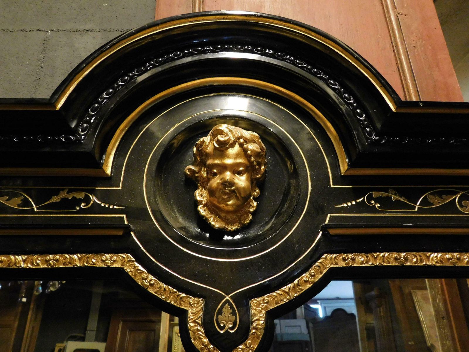 Mirror In Black Lacquered Wood, With Rich Golden Sculptures, Italy photo vinterior