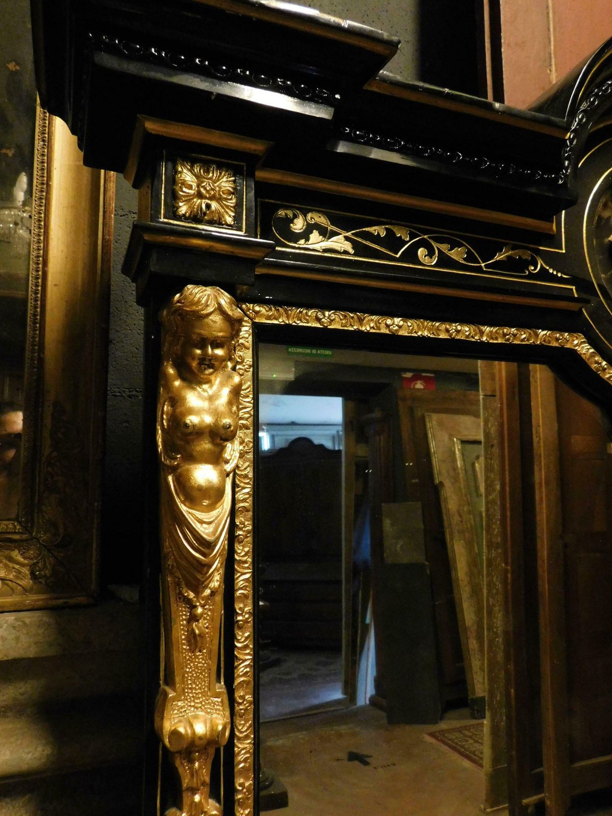 Mirror In Black Lacquered Wood, With Rich Golden Sculptures, Italy photo buy