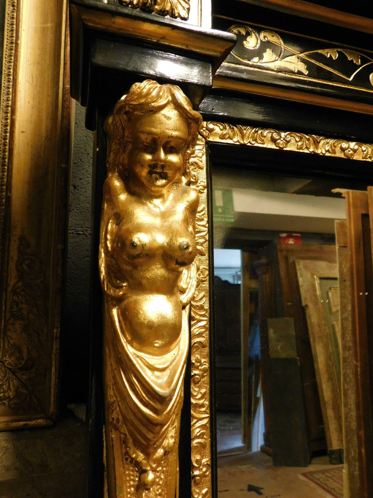 Mirror In Black Lacquered Wood, With Rich Golden Sculptures, Italy photo vintage