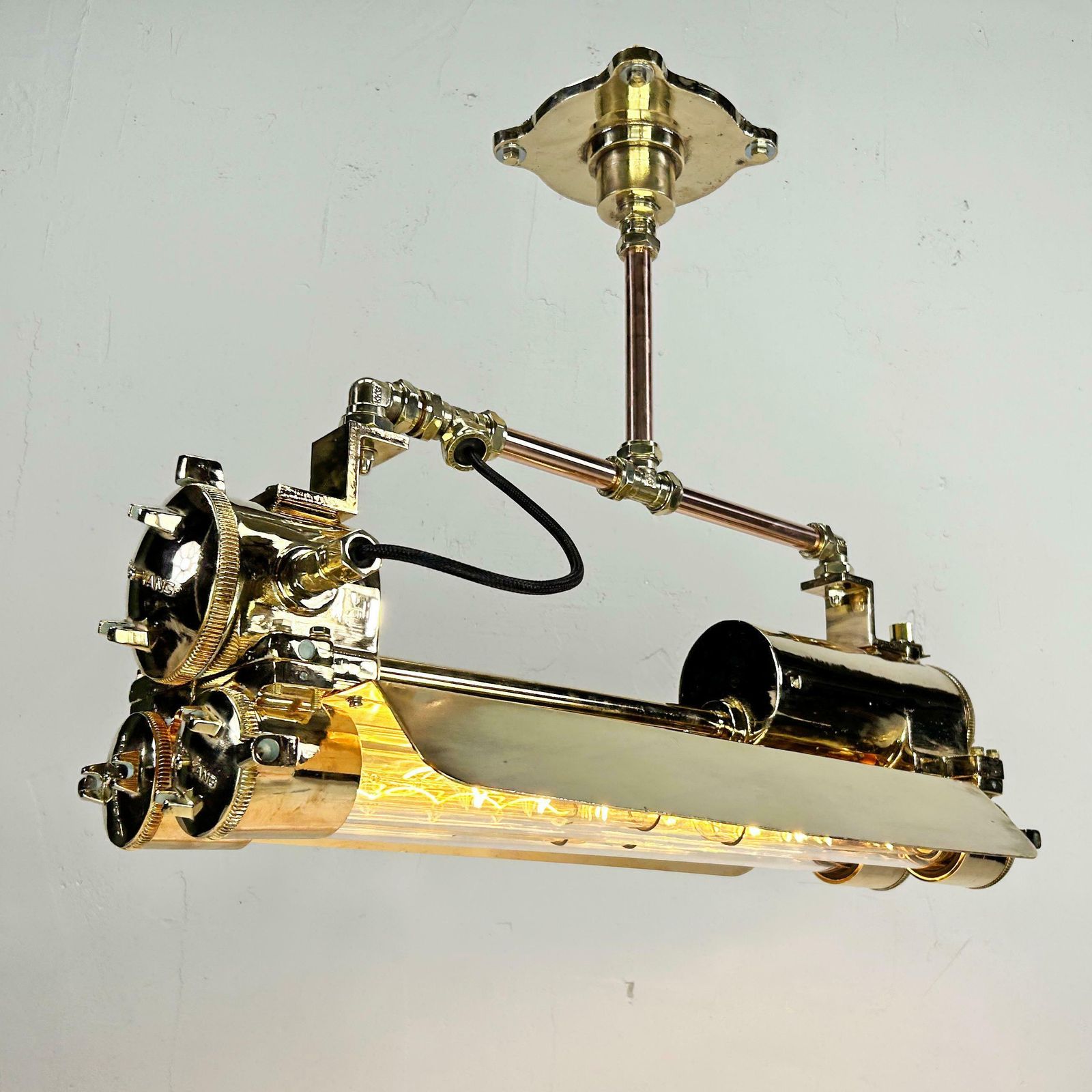 1970s Industrial Brass & Glass Flameproof Tube Light With Shades & Edison Lamps photo Lighting