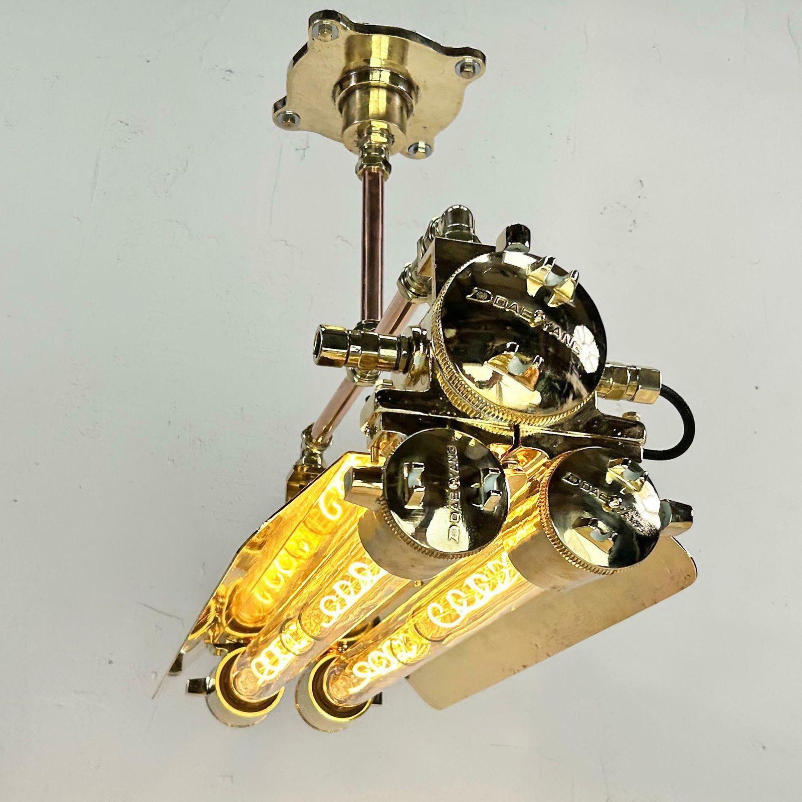 photo furniture 1970s Industrial Brass & Glass Flameproof Tube Light With Shades & Edison Lamps