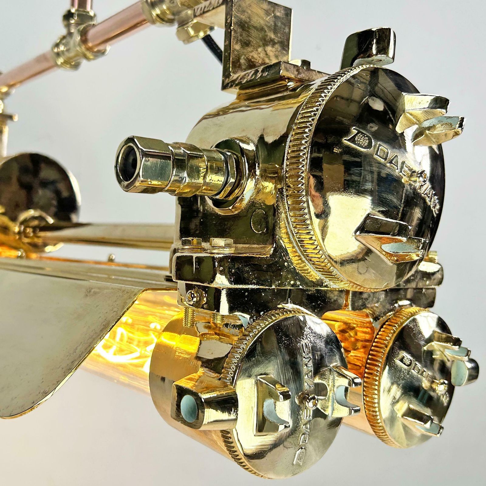 photo for sale 1970s Industrial Brass & Glass Flameproof Tube Light With Shades & Edison Lamps
