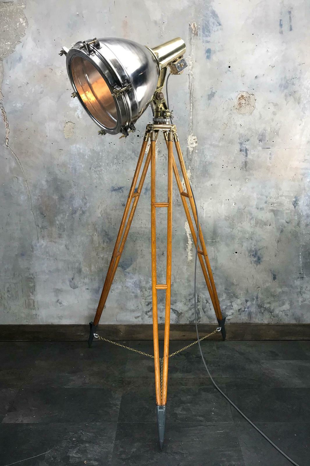 1970s Japanese Industrial Brass, Bronze And Stainless Steel Search Light Tripod photo Lighting