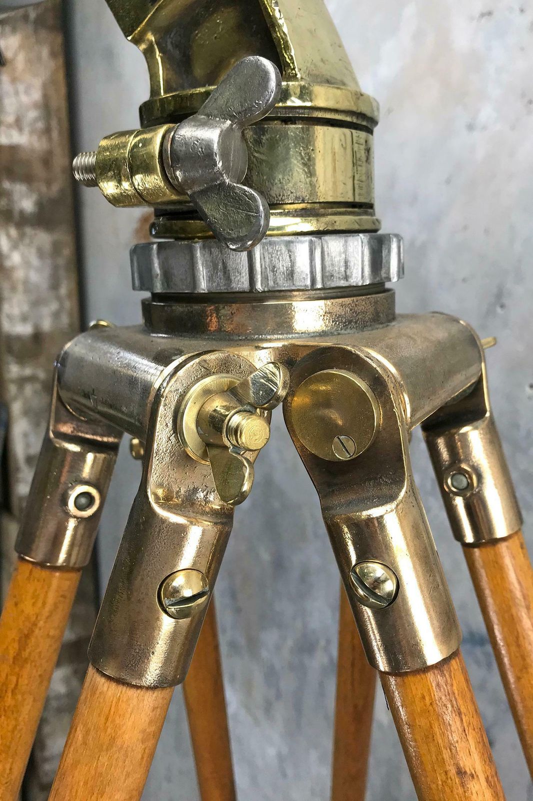 photo furniture 1970s Japanese Industrial Brass, Bronze And Stainless Steel Search Light Tripod