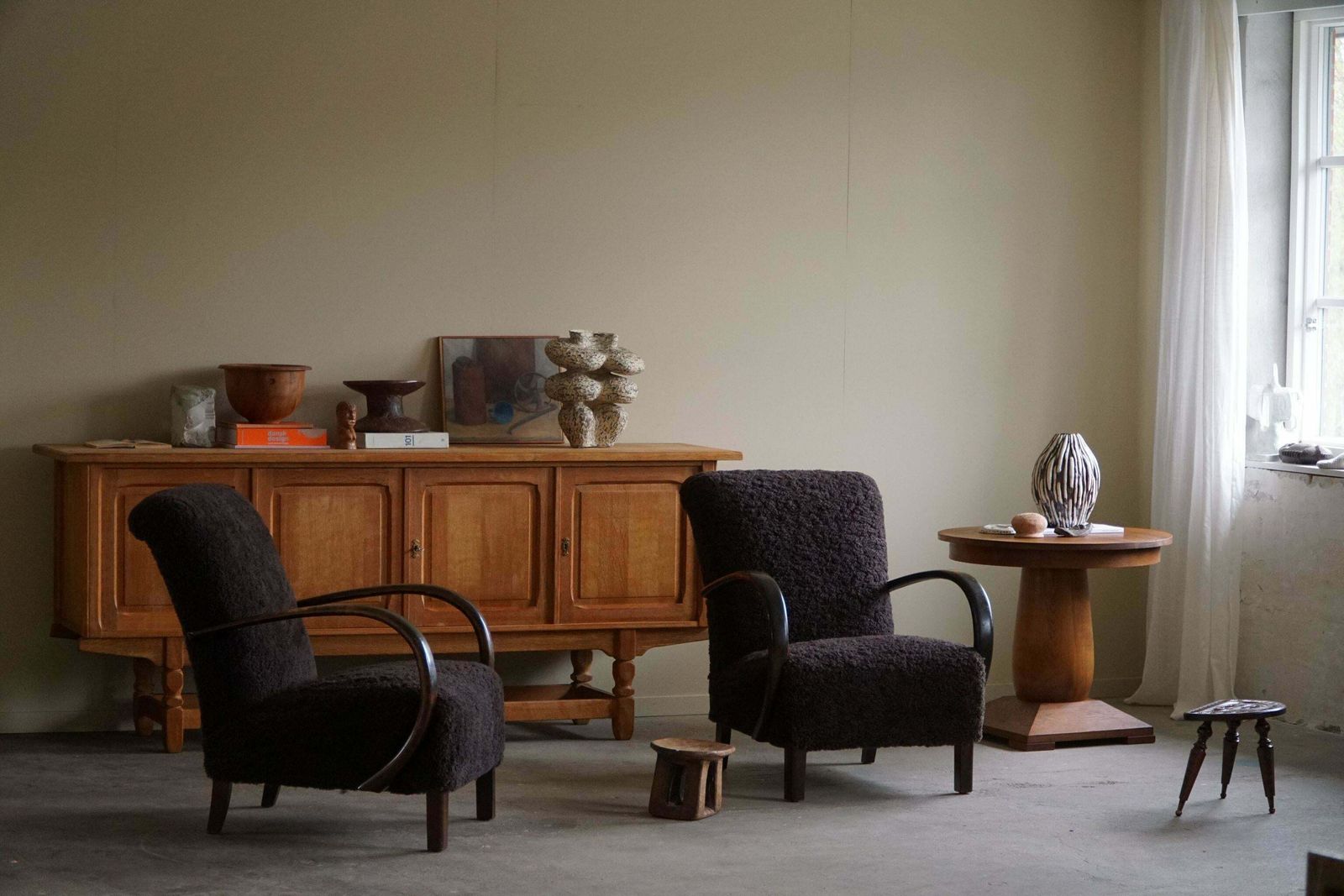 A Pair Of Danish Mid Century Modern Lounge Chairs In Beech & Lambswool, 1940s photo furniture