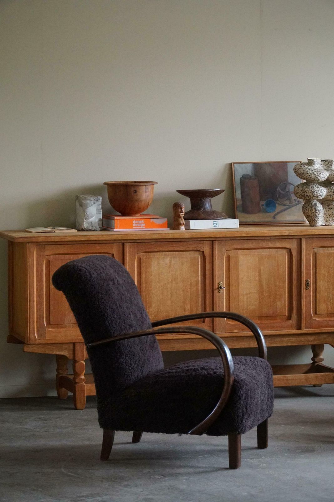 A Pair Of Danish Mid Century Modern Lounge Chairs In Beech & Lambswool, 1940s photo for sale
