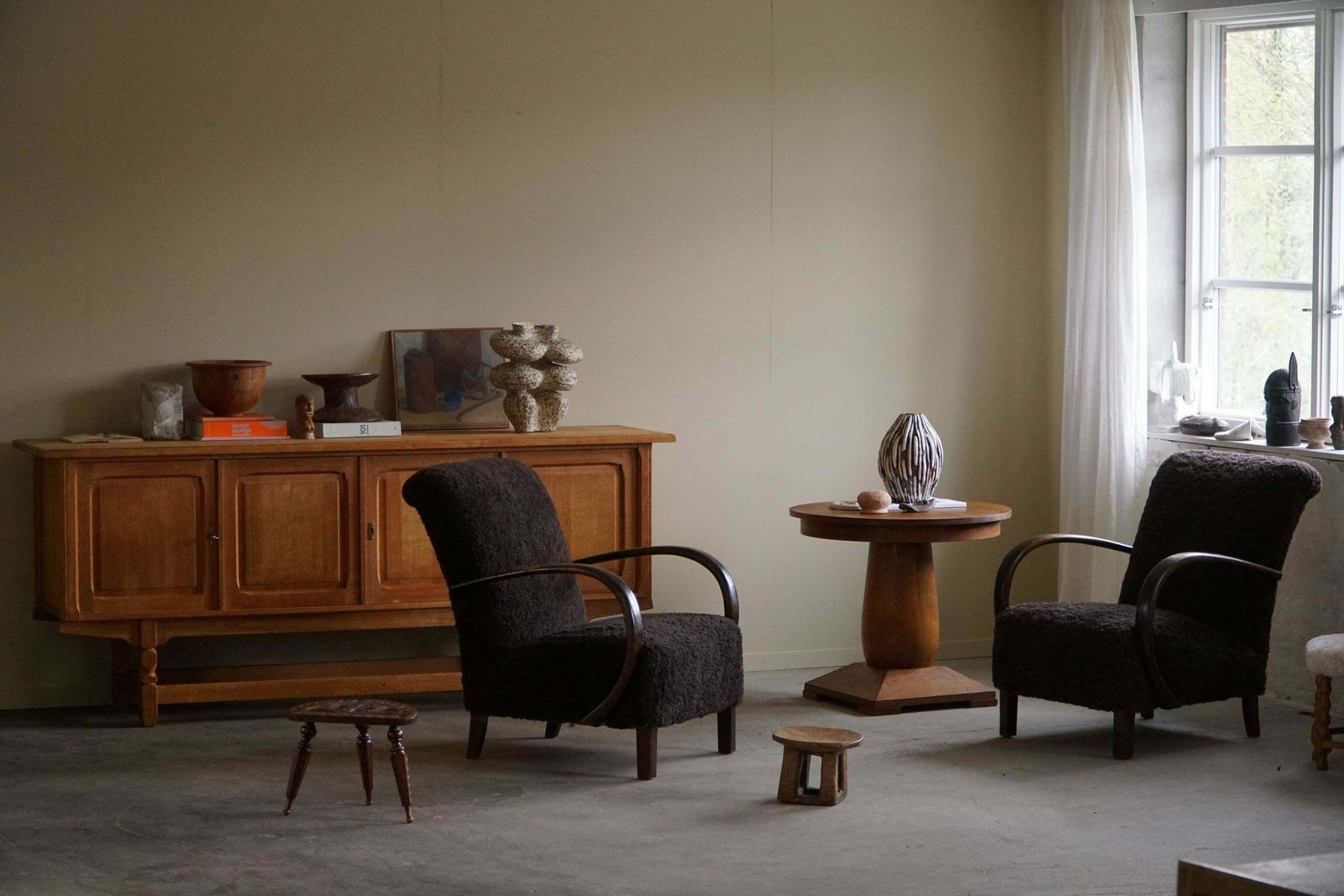 A Pair Of Danish Mid Century Modern Lounge Chairs In Beech & Lambswool, 1940s photo Furniture