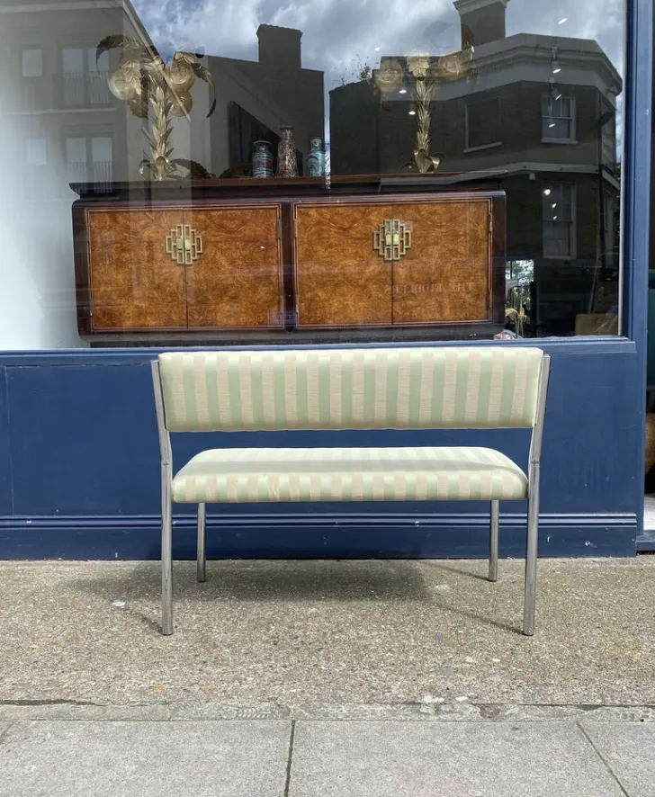 photo vinterior Chrome Bench Green Stripped 1970s Italian Hollywood Regency Mint Green