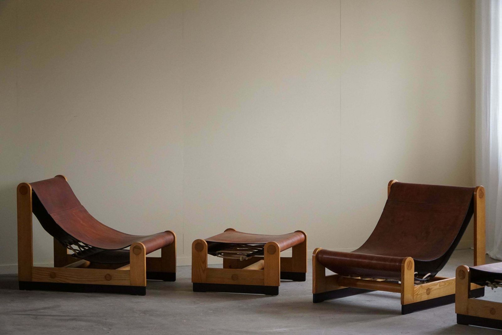 photo for sale Francesco Lucianetti, Lounge Chairs In Leather & Elm, Italian Modern, 1960s