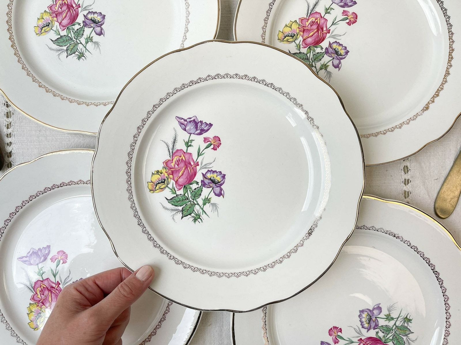 5 Digoin & Sarreguemines Porcelain Dinner Plates Rene Model Made In France 1950   Vintage French Tableware   Flower Plates photo Home Decor