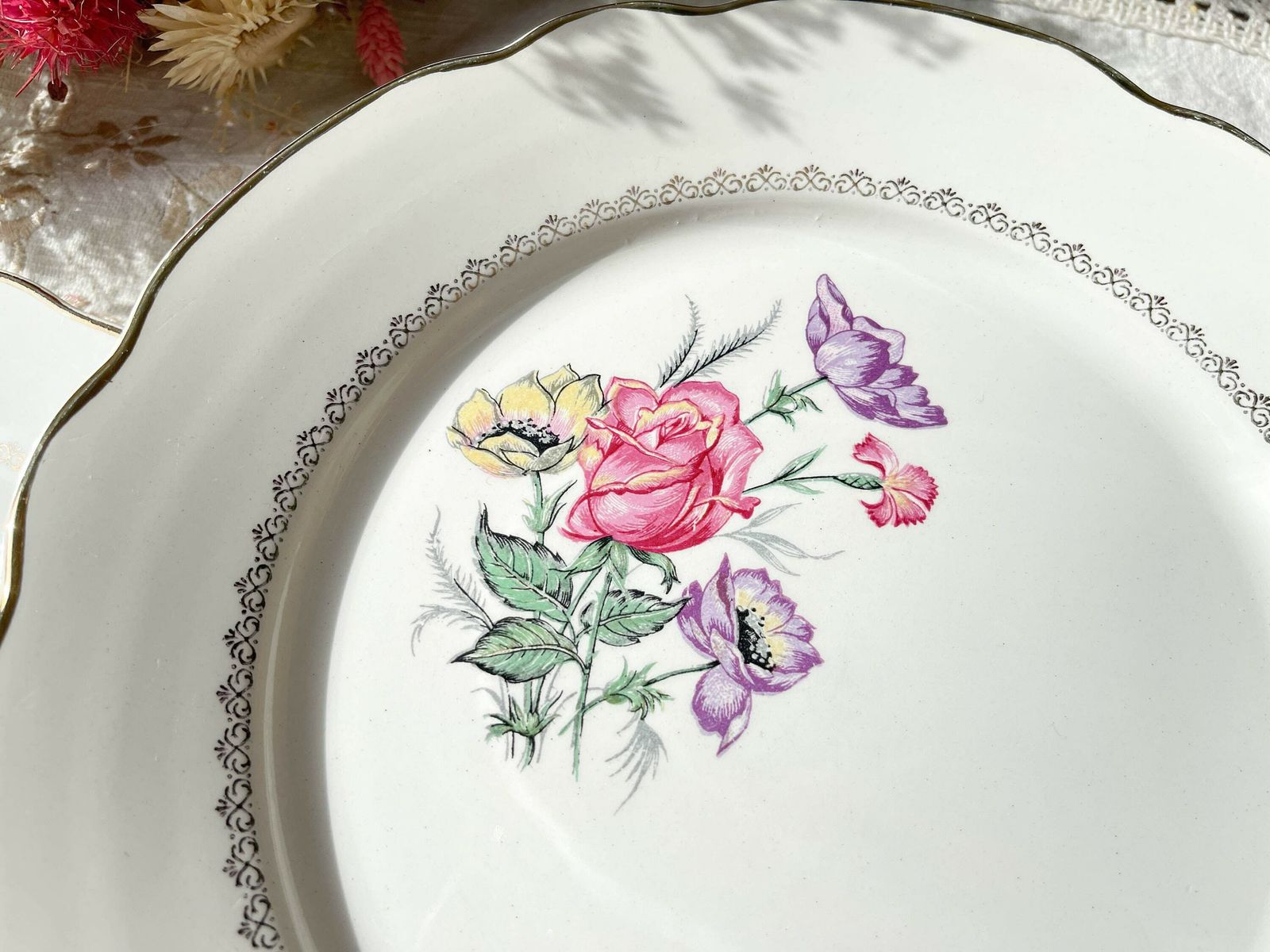 5 Digoin & Sarreguemines Porcelain Dinner Plates Rene Model Made In France 1950   Vintage French Tableware   Flower Plates photo 64.0