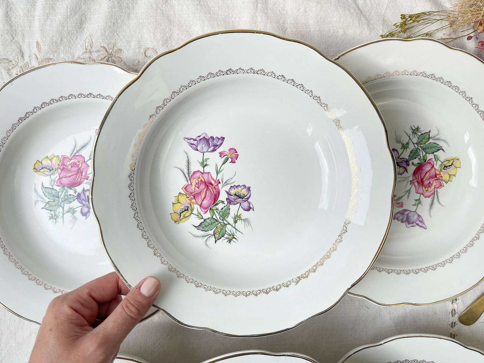 6 Digoin & Sarreguemines Porcelain Soup Plates Rene Model Made In France 1950   Vintage French Tableware   Flower Plates photo Home Decor