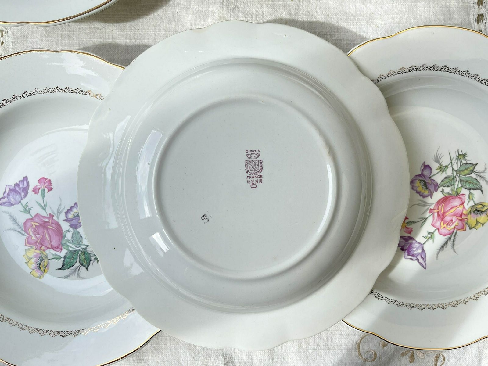 6 Digoin & Sarreguemines Porcelain Soup Plates Rene Model Made In France 1950   Vintage French Tableware   Flower Plates photo vinterior