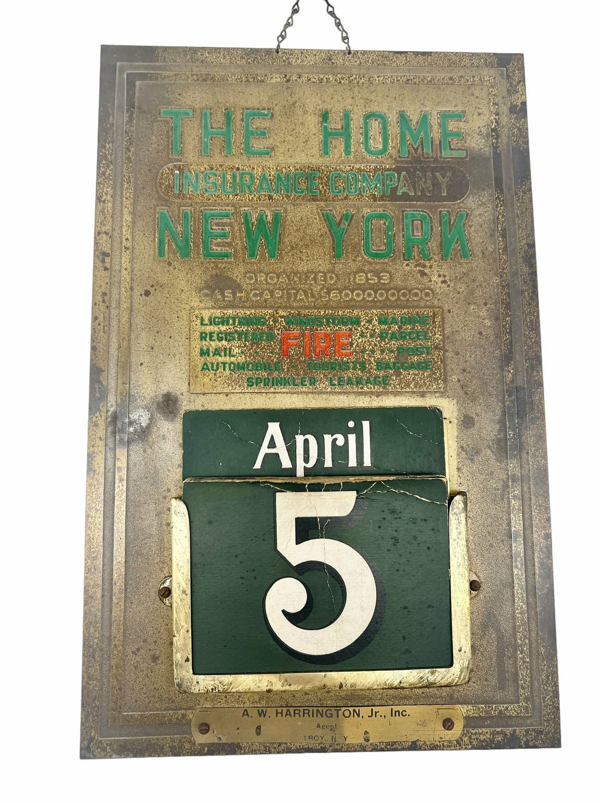 Antique Brass The Home Insurance Company New York Perpetual Calendar   A.W. Harrington Jr., Inc Agent Troy Nt   Study Decor   Home Decor