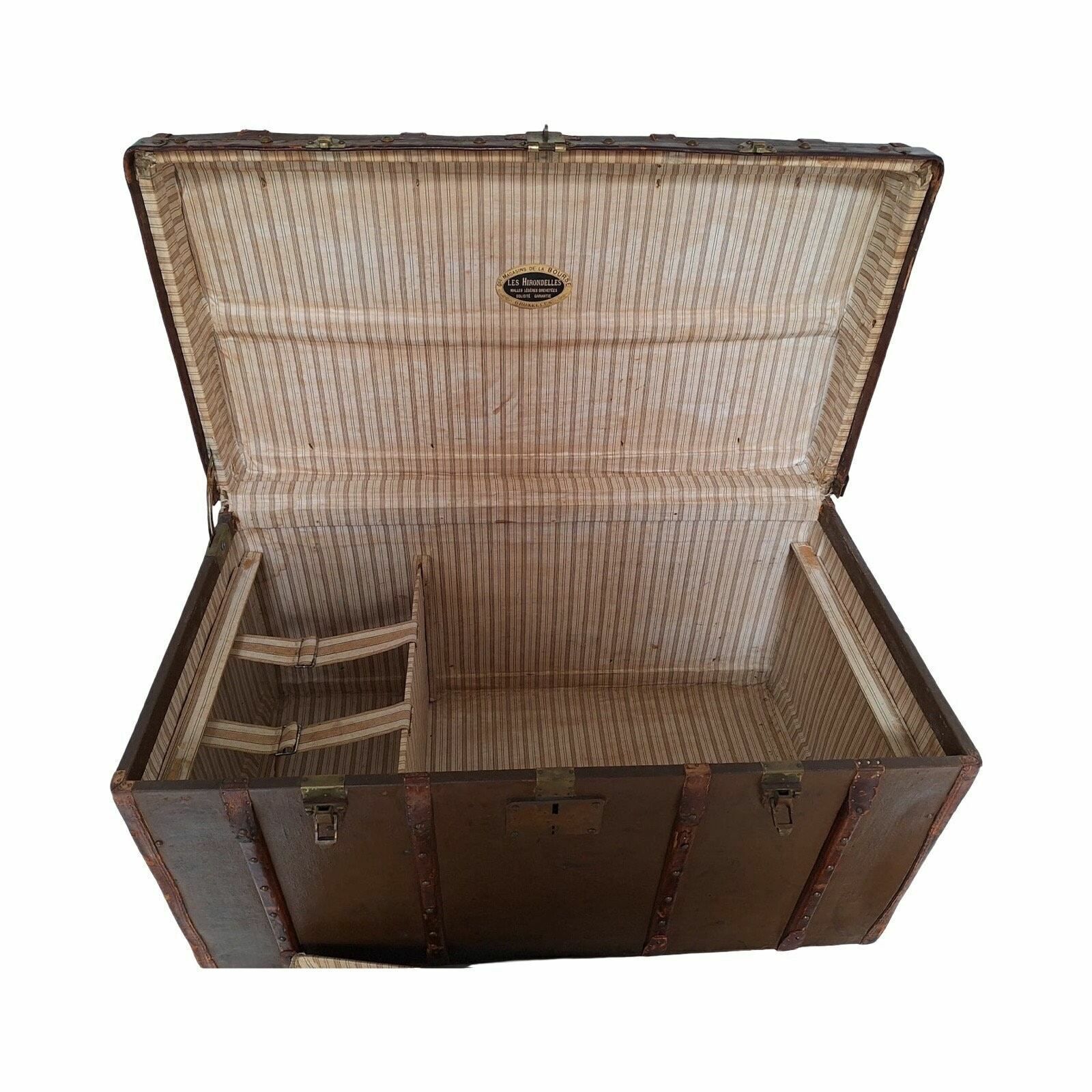 Les Hirondelles Bruxelles   Steamer Trunk With Compartments   Mounted On Wheels   Leather Handles, Wooden Frame And Brass Locks   Ca. 1910 photo Furniture