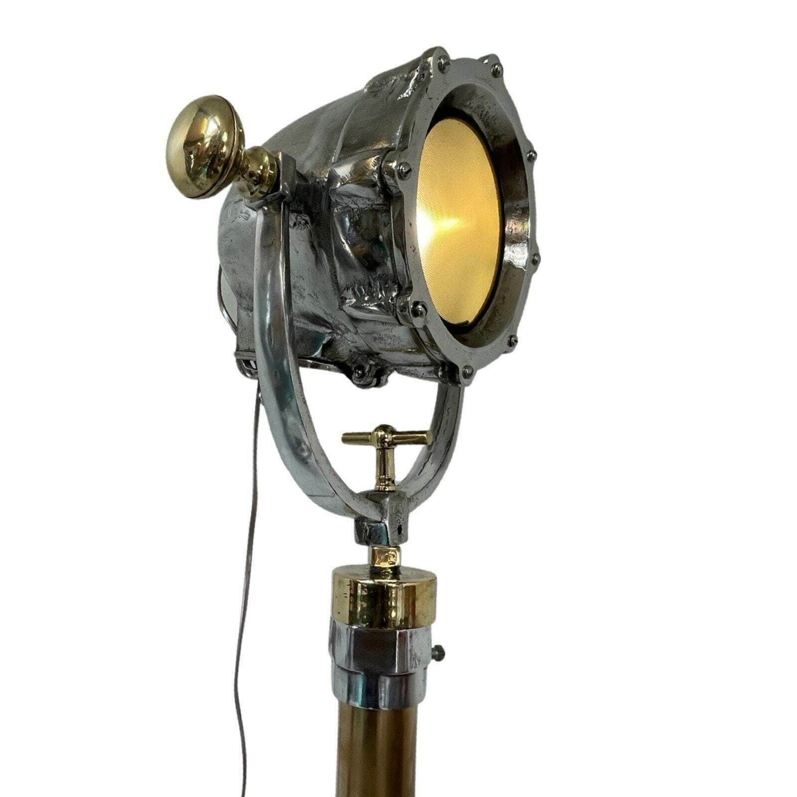 Antique Naval Searchlight Mounted On Brass Base   The Real Deal!   Fully Original And Rewired   Polished Metal photo furniture