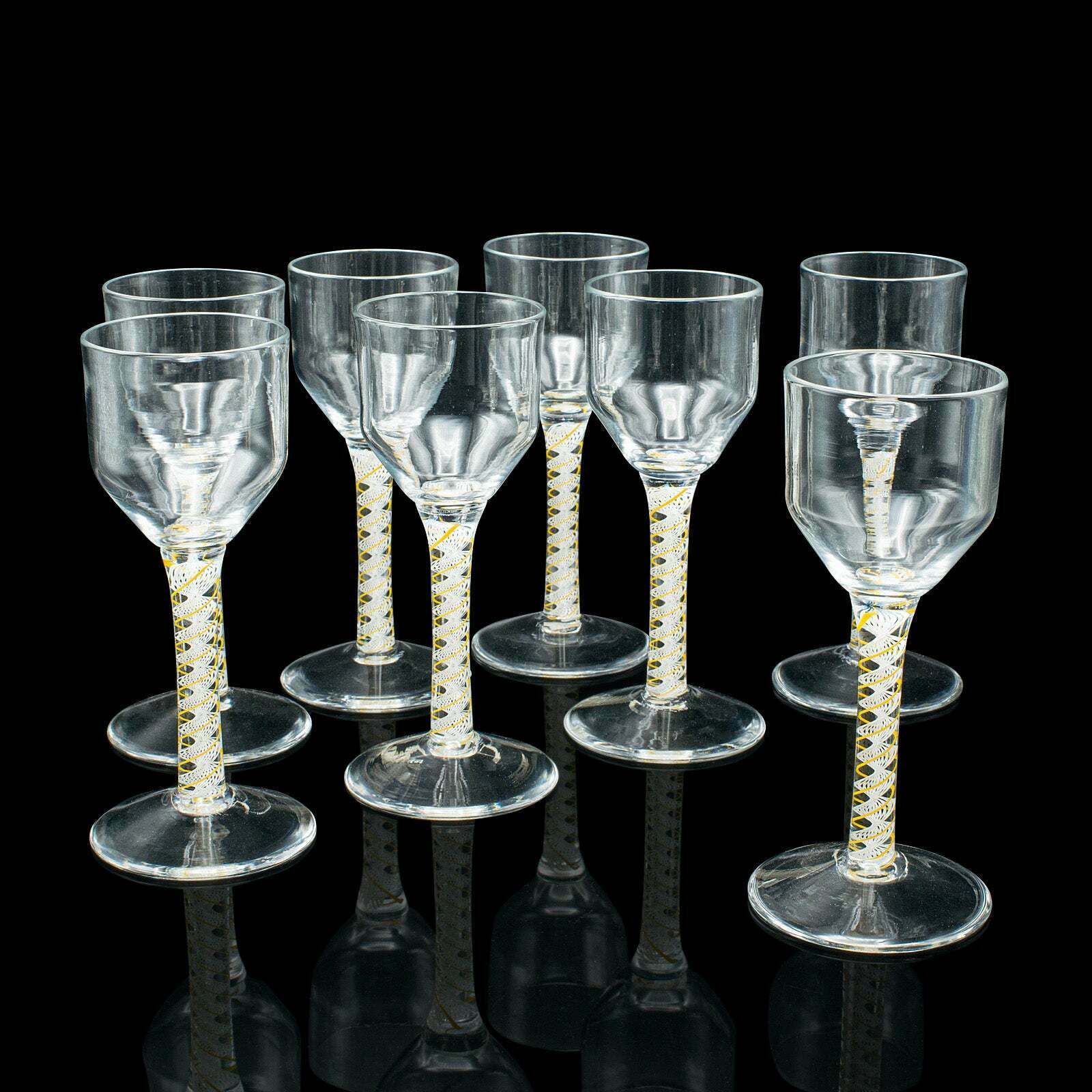 Set Of 8 Vintage Aperitif Glasses, English, Twist Stem, Spirits, Wine Glass