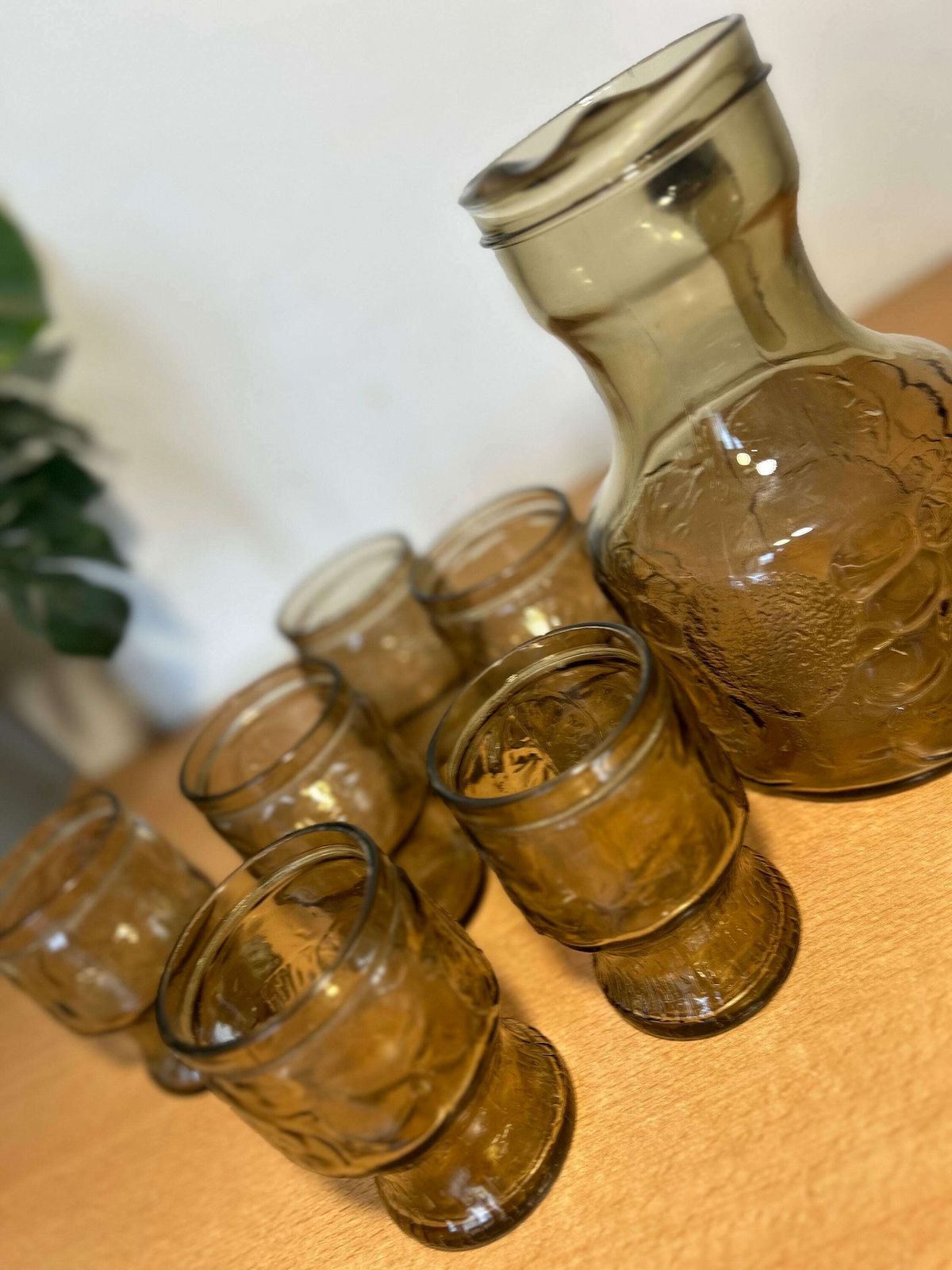 Vintage Fidenza Italy Set Of Smoked Glass And Pitcher 1970s, Six Glasses And Pouring Jug photo vintage